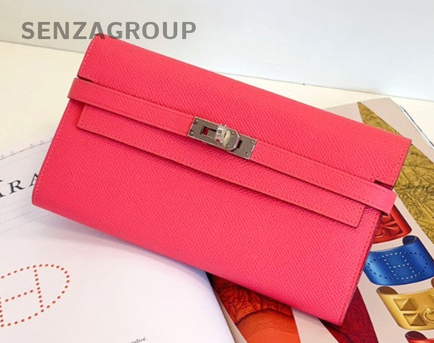 Hermes Kelly Long Wallet Epsom Leather DIY Chain Pink Women Almost Brand NEW