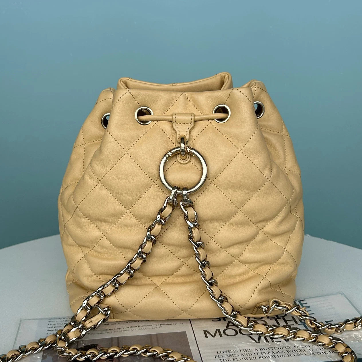 Chanel Diamond Chain Drawstring Backpack Beige Gold Used Women Classic