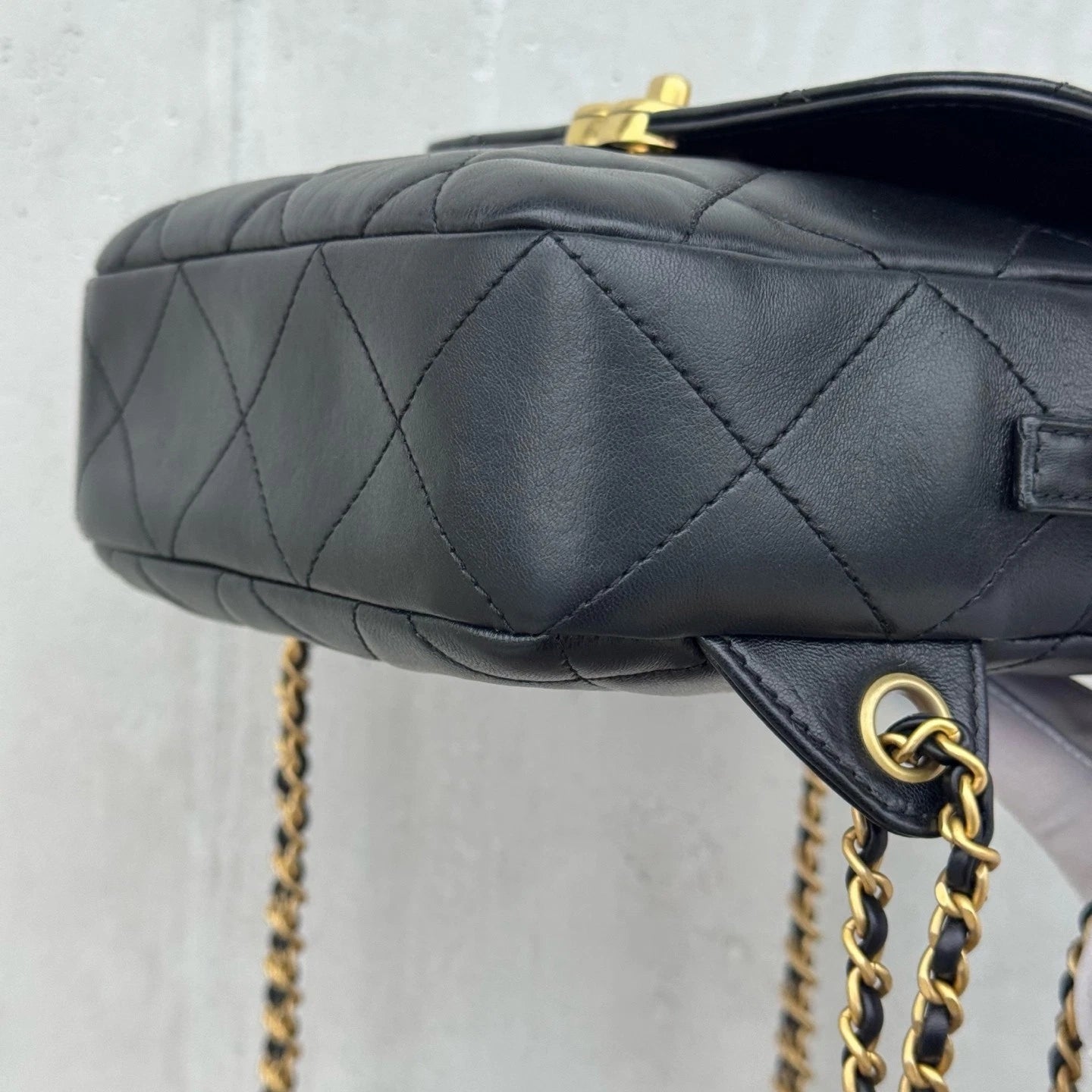 Chanel Diamond Chain Backpack Black Gold Women Classic
