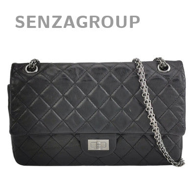 Chanel 2.55 Black Silver Medium Classic Flap Bag Chain Shoulder Crossbody