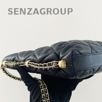 Chanel Black Lambskin Double Chain Pearl Hobo Tote Bag Quilted