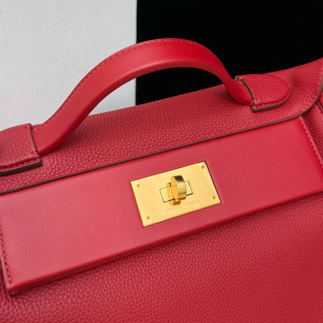 Excellent Condition Hermes 2424 2Way Red Top Handle Bag Crossbody Gold Hardware