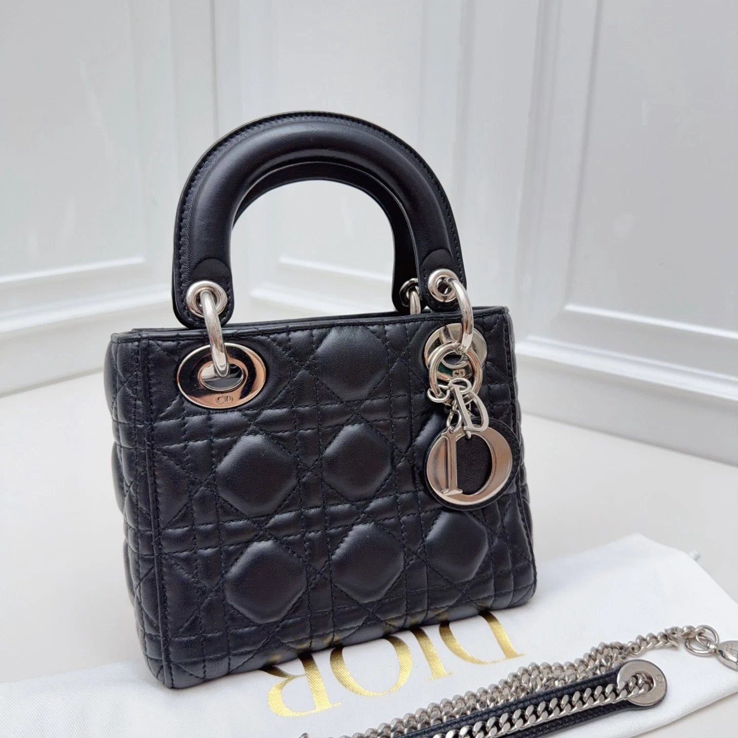 Christian Dior Lady Dior Lambskin Black Handbag Chain Crossbody Silver Hardware