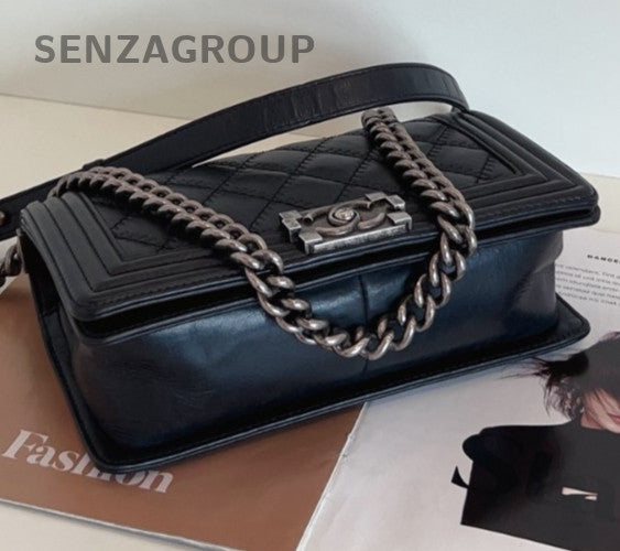 Chanel Leboy MM Calfskin Chain Shoulder Bag Black Silver Women Classic Fashion