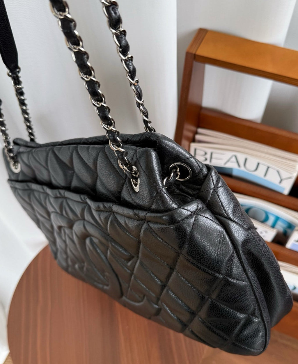 CHANEL Relief sculpture CC Chain Shoulder bag Black Silver tote Women
