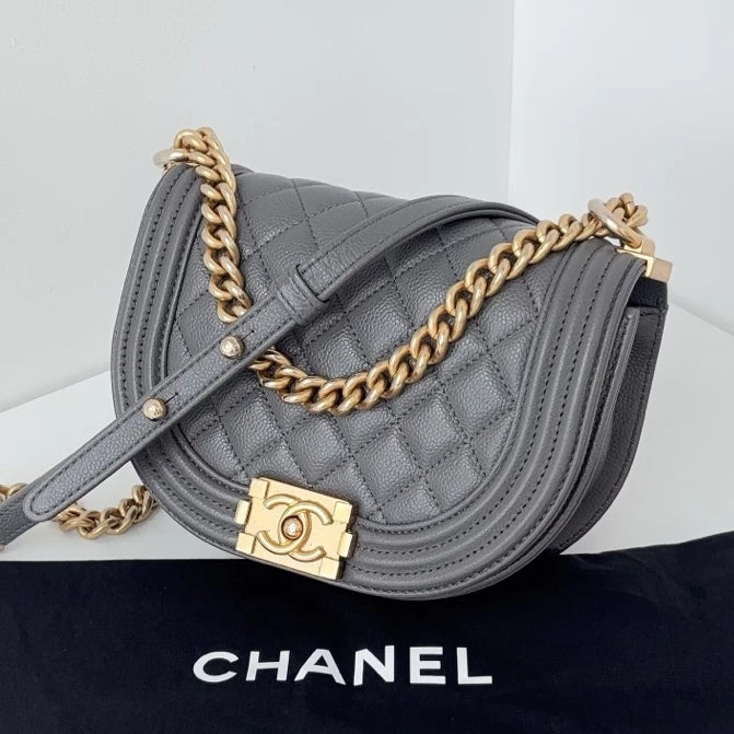 Chip Version Chanel Leboy Calfskin Gray Saddle Gold Chain Shoulder Crossbody