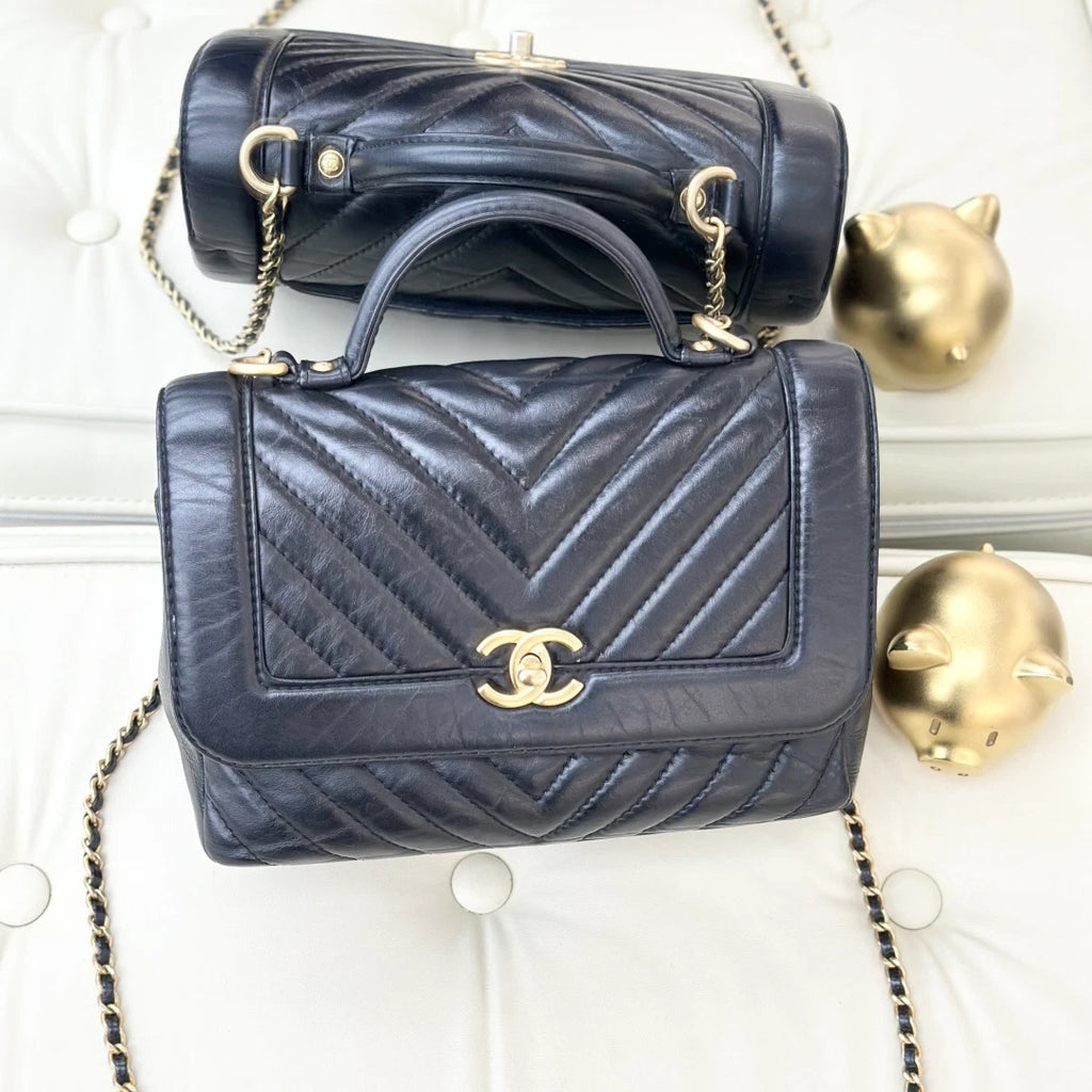 Chanel Calfskin Chevron Chain Crossbody Top Handle Bag Black Gold Women S