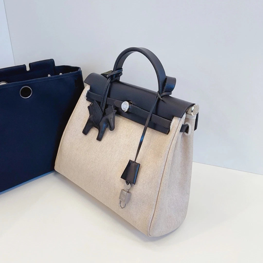 Hermes Herbag 31 Canvas Top Handle Shoulder Crossbody Bag White Black Women