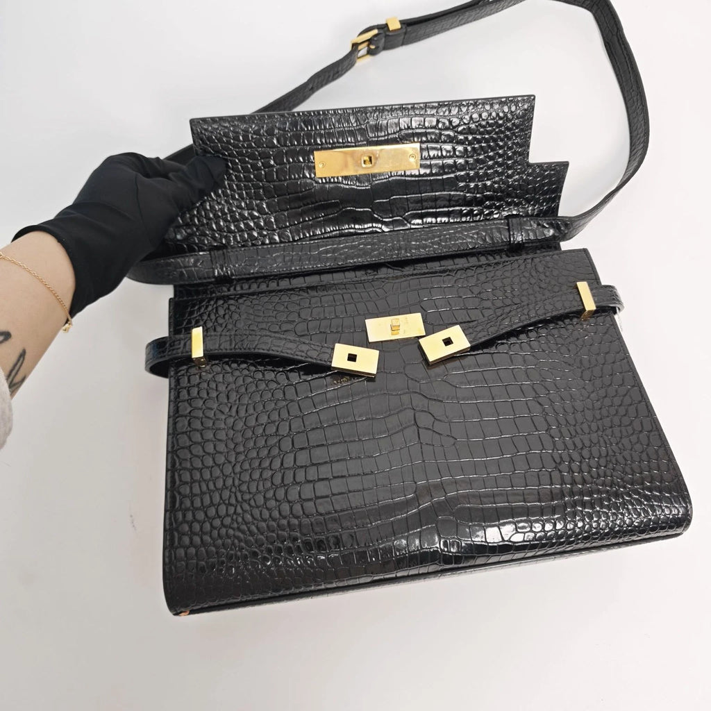 YSL Manhattan Medium Black Croc Embossed Leather Shoulder Bag Women