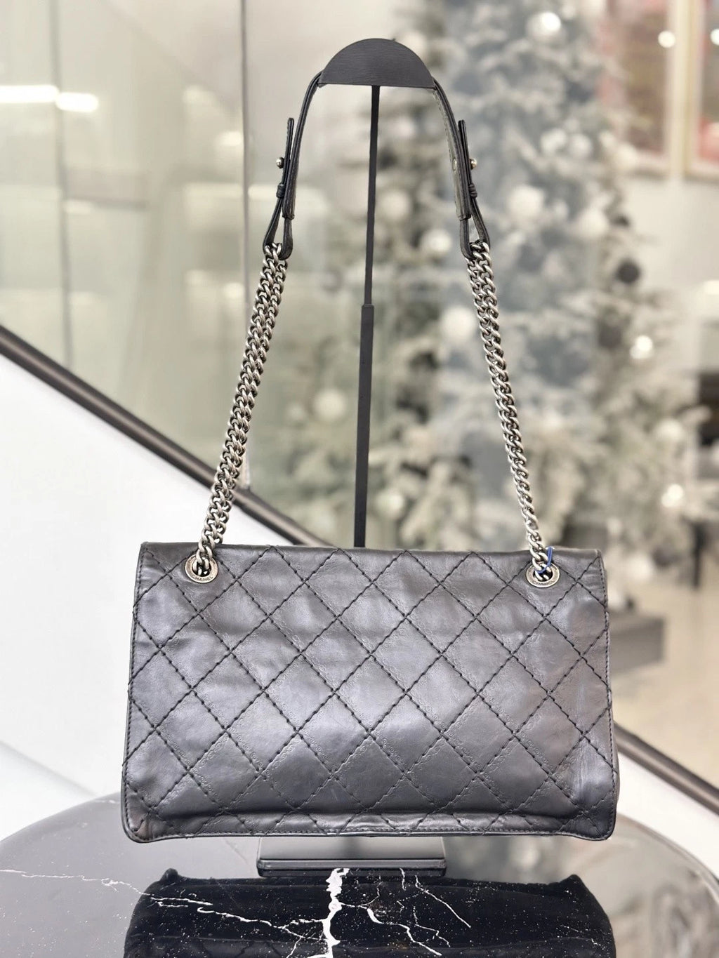 Chanel Diamond Black Shoulder Bag Silver Hardware Women Classic S