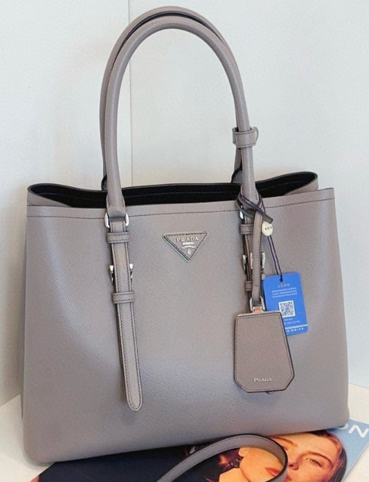 PRADA Double Bag Tote Cross pattern Elephant Gray 2WAY Shoulder Handbag Women