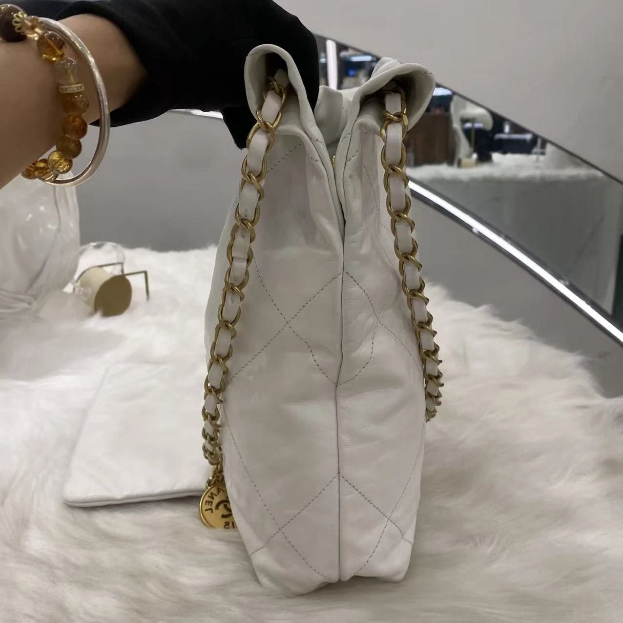 Chanel 22 Bag Small Calfskin Chain Shoulder Crossbody Bag White Gold