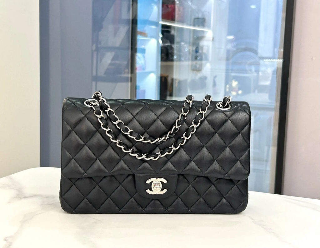 CHANEL CF Black Silver Medium Lambskin Shoulder Bag Women