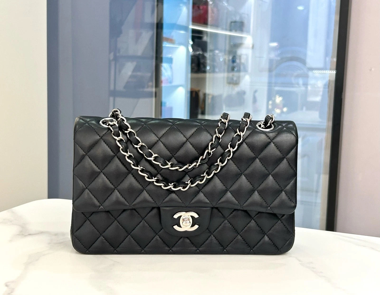 CHANEL CF Black Silver Medium Lambskin Shoulder Bag Women