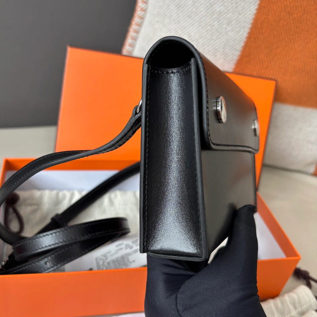 Hermes Snap Wallet 2Way Shoulder Bag Crossbody Black Silver Women Classic