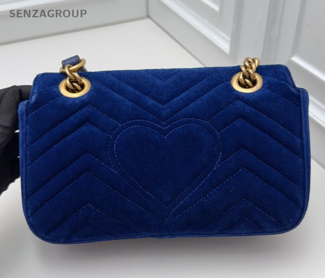 Gucci Marmont 22 Chain Shoulder Bag Crossbody Blue Gold Women Classic Fashion