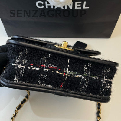 Chanel 22K Black Tweed Chain Crossbody Bag Gold Hardware Women's Fashion