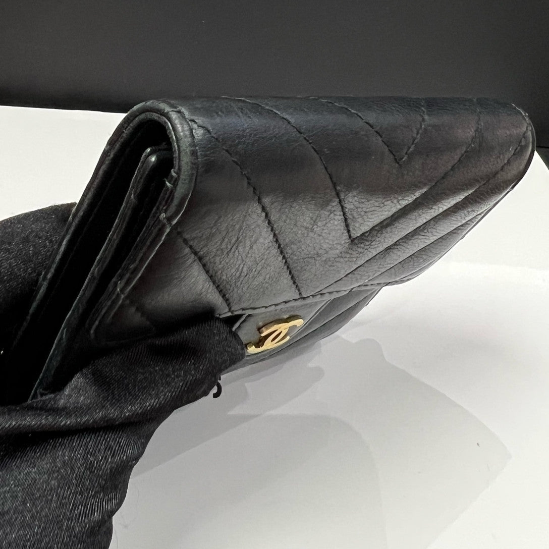 Chanel Black Gold V-Stitch Clutch Wallet Classic Women's