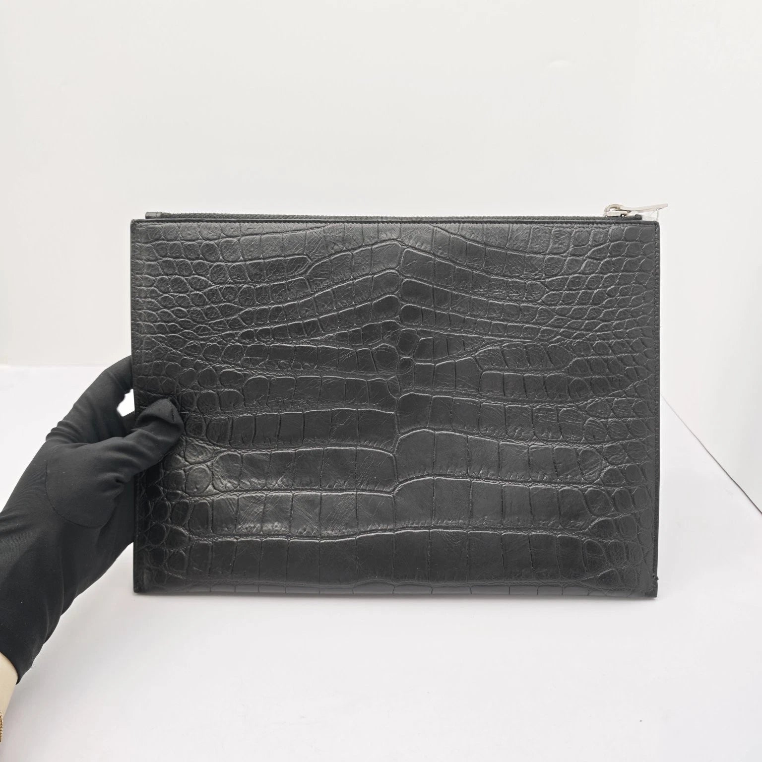 YSL Black Crocodile Embossed Leather Clutch Bag For Women