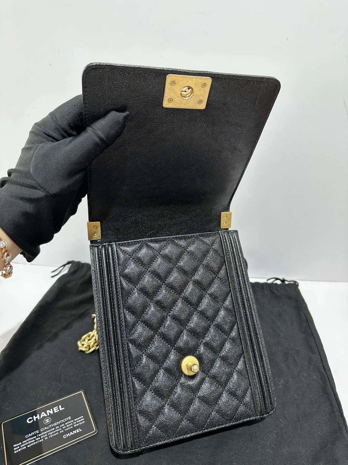 CHANEL Vertical Leboy Black Gold Leather Shoulder Bag For Women