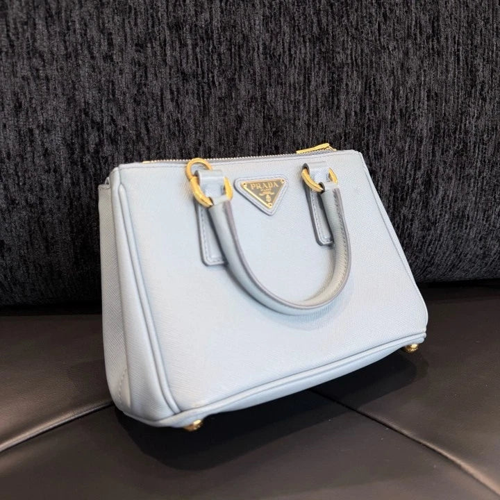Prada Galleria Mini Tote Classic Logo Top Handle Crossbody Bag Blue Women D