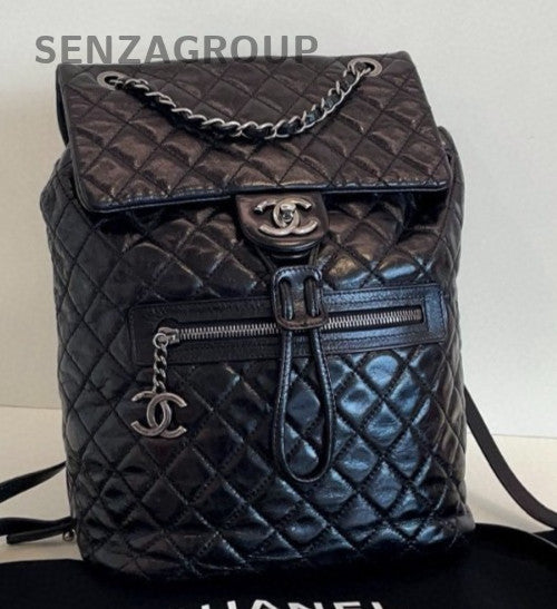 Chanel Calfskin MM Backpack Black Silver Diamond Used Women Classic Designer