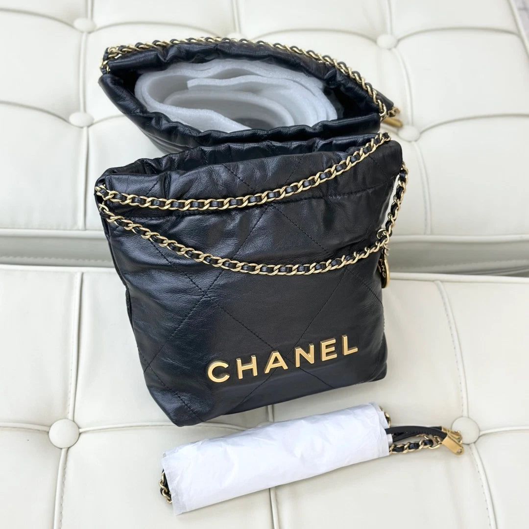 Chanel 22Bag Mini Chain Calfskin Shoulder Bag Black Gold Hardware Women S