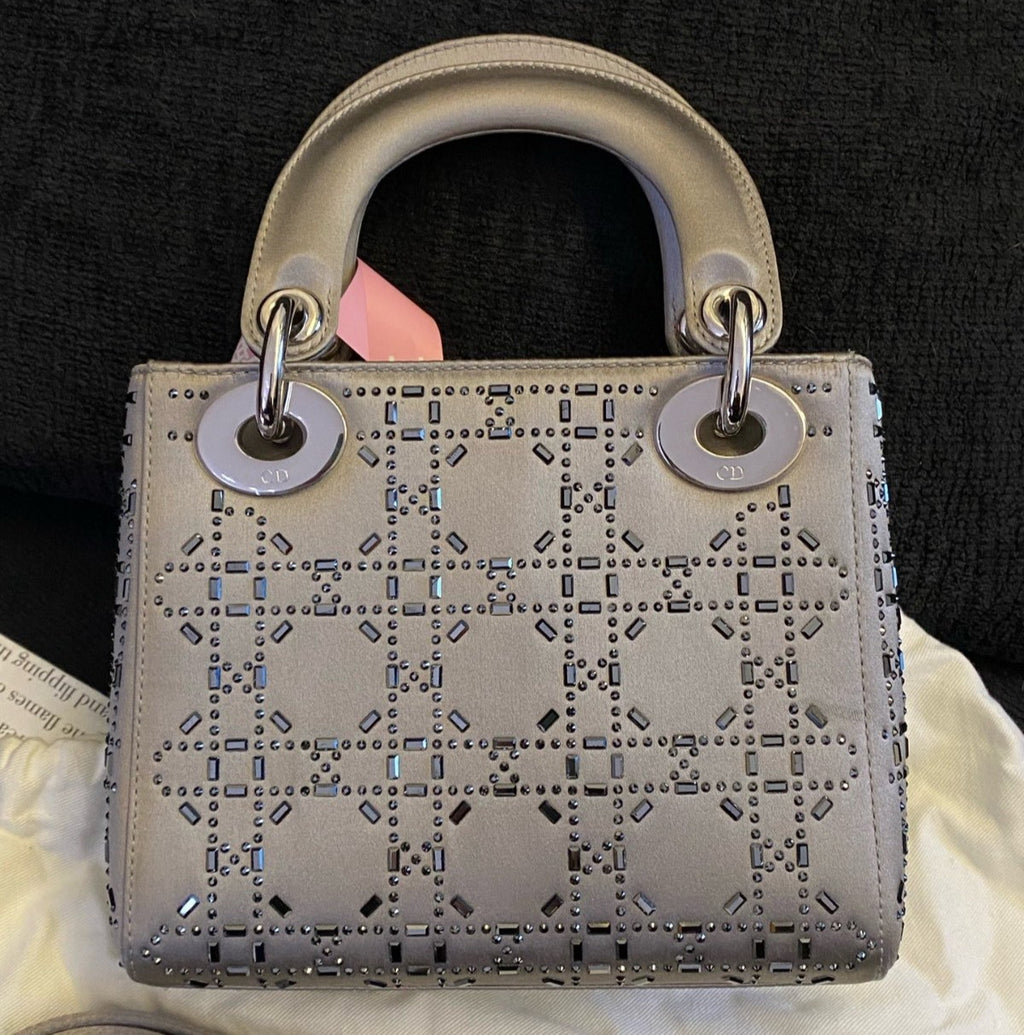 Christian Dior Lady Dior 2Way Gray Silver Top Handle Bag Crossbody Women Classic