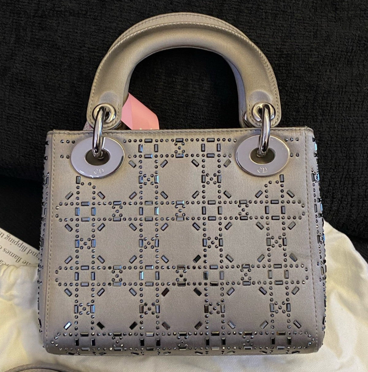 Christian Dior Lady Dior 2Way Gray Silver Top Handle Bag Crossbody Women Classic