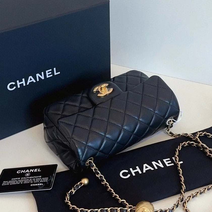 Chanel Classic Flap Mini Chain Shoulder Crossbody Black Gold Women Diamond
