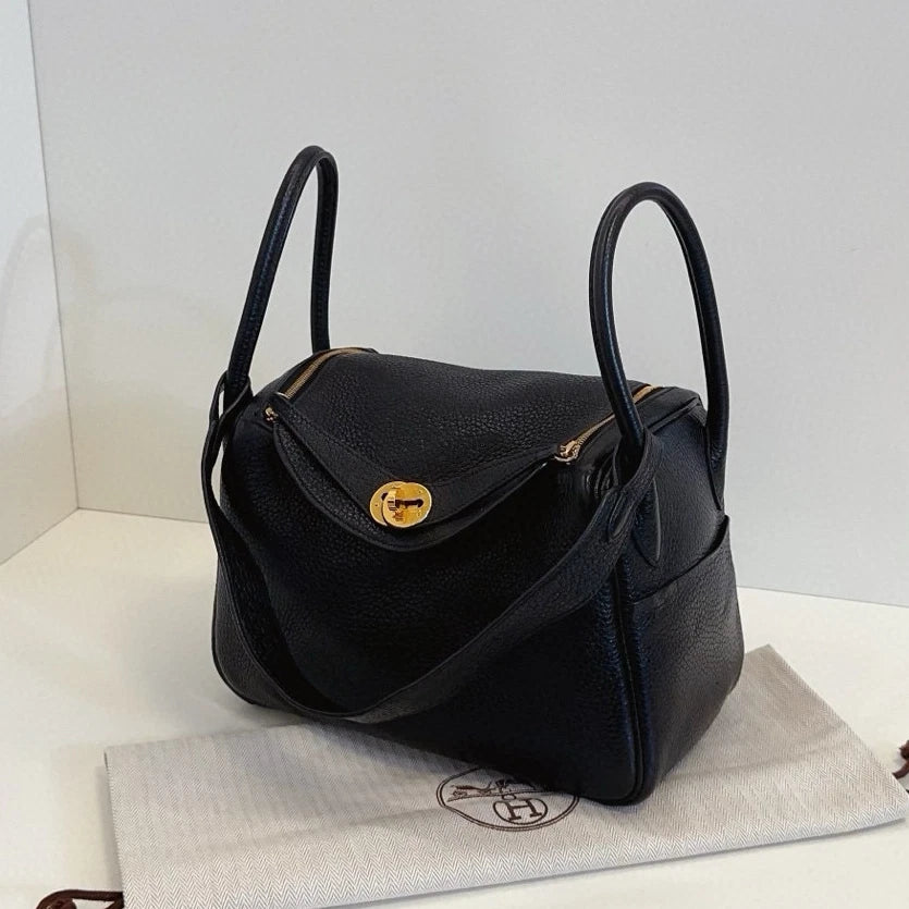 Hermes Lindy26 Top Handle Shoulder Bag Black Gold Used Women Classic