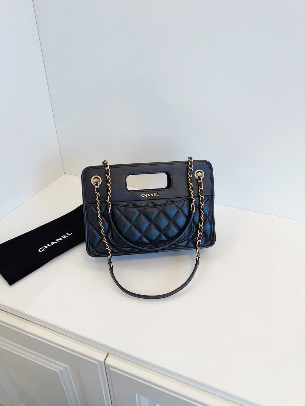 Chanel Vintage Chain Briefcase Caviar Leather Handbag Crossbody Bag Black