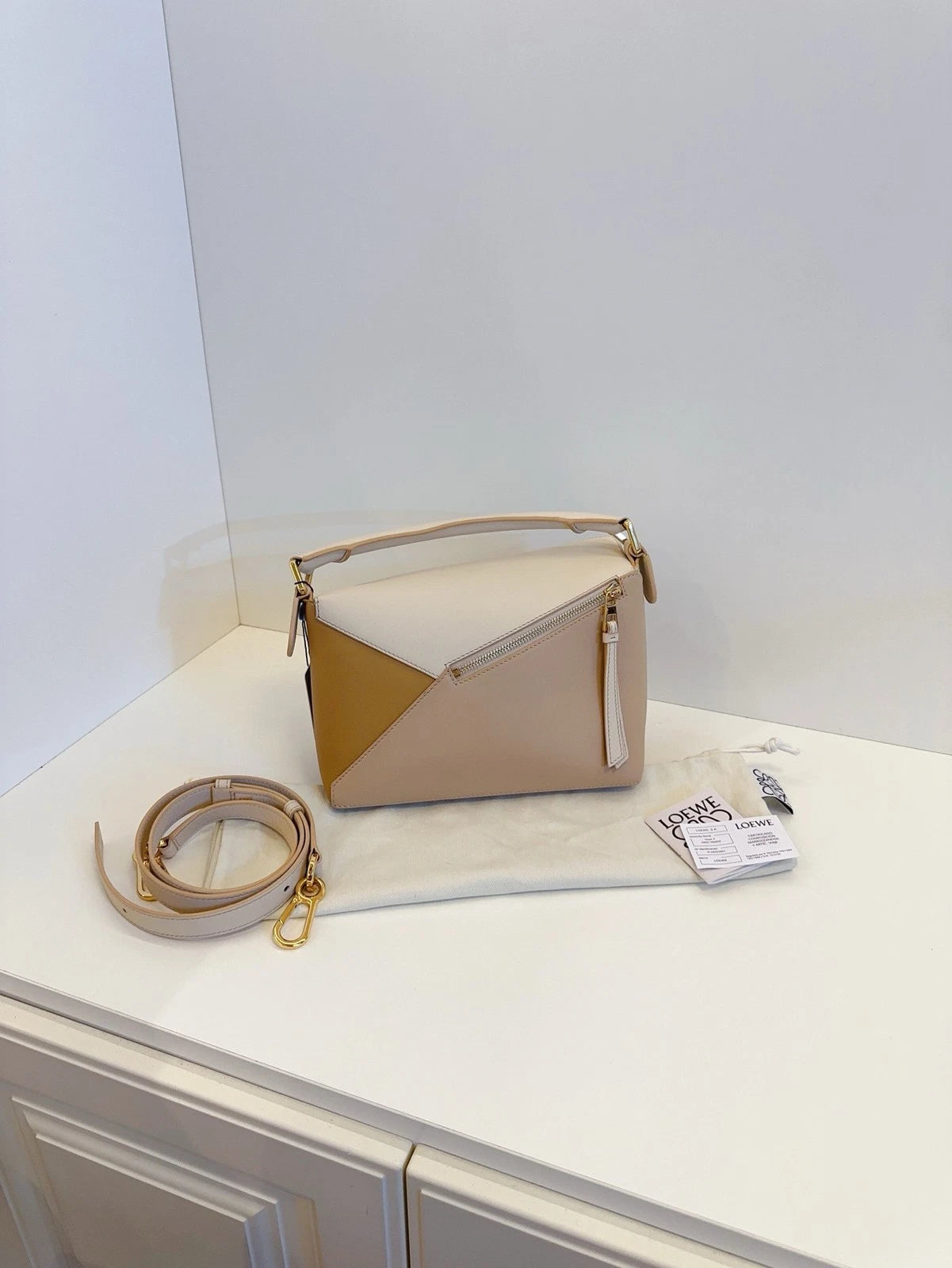 Loewe Puzzle Small Calfskin Handbag Crossbody Bag Oat Milk Tea Tricolor Classic