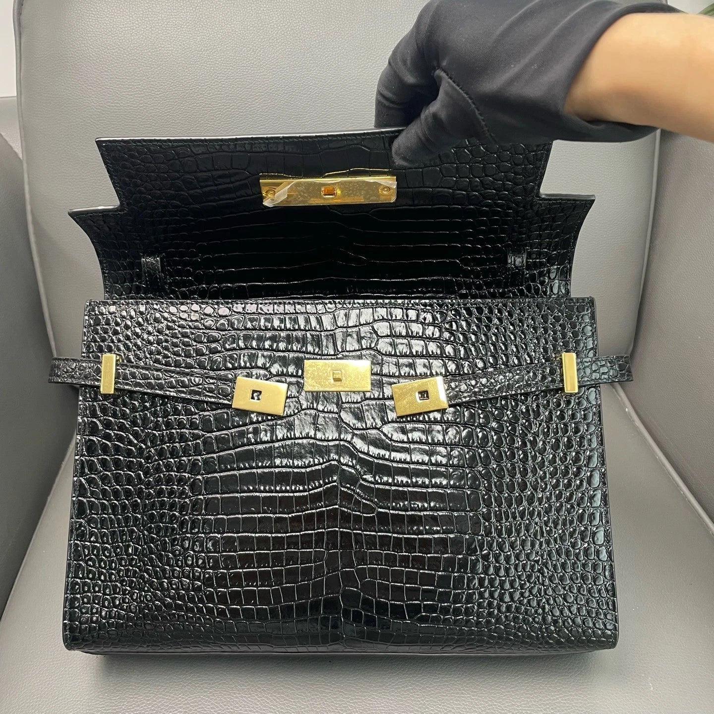 YSL Manhattan Black Crocodile Embossed Leather Bag For Women