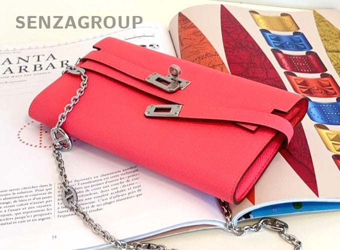 Hermes Kelly Long Wallet Epsom Leather DIY Chain Pink Women Almost Brand NEW