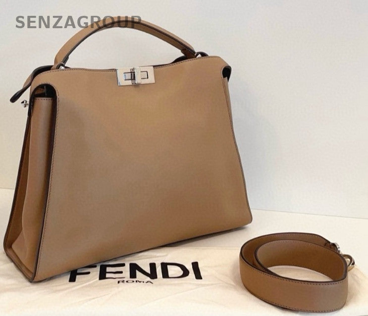 Fendi Peekaboo Essentially Full Leather Tote Top Handle Shoulder Bag Grey Women