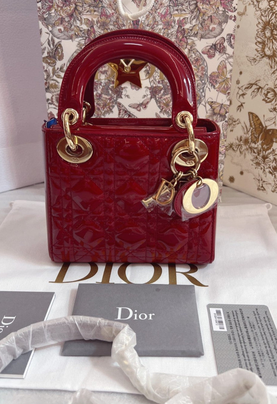 Christian Dior Lady Top Handle Chain Shoulder Handbag Red Gold Almost Brand NEW