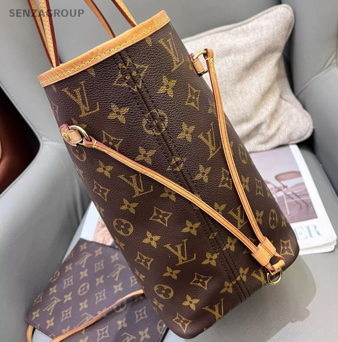 Louis Vuitton Neverfull MM Monogram Tote Shoulder Bag Brown Gold Women Classic
