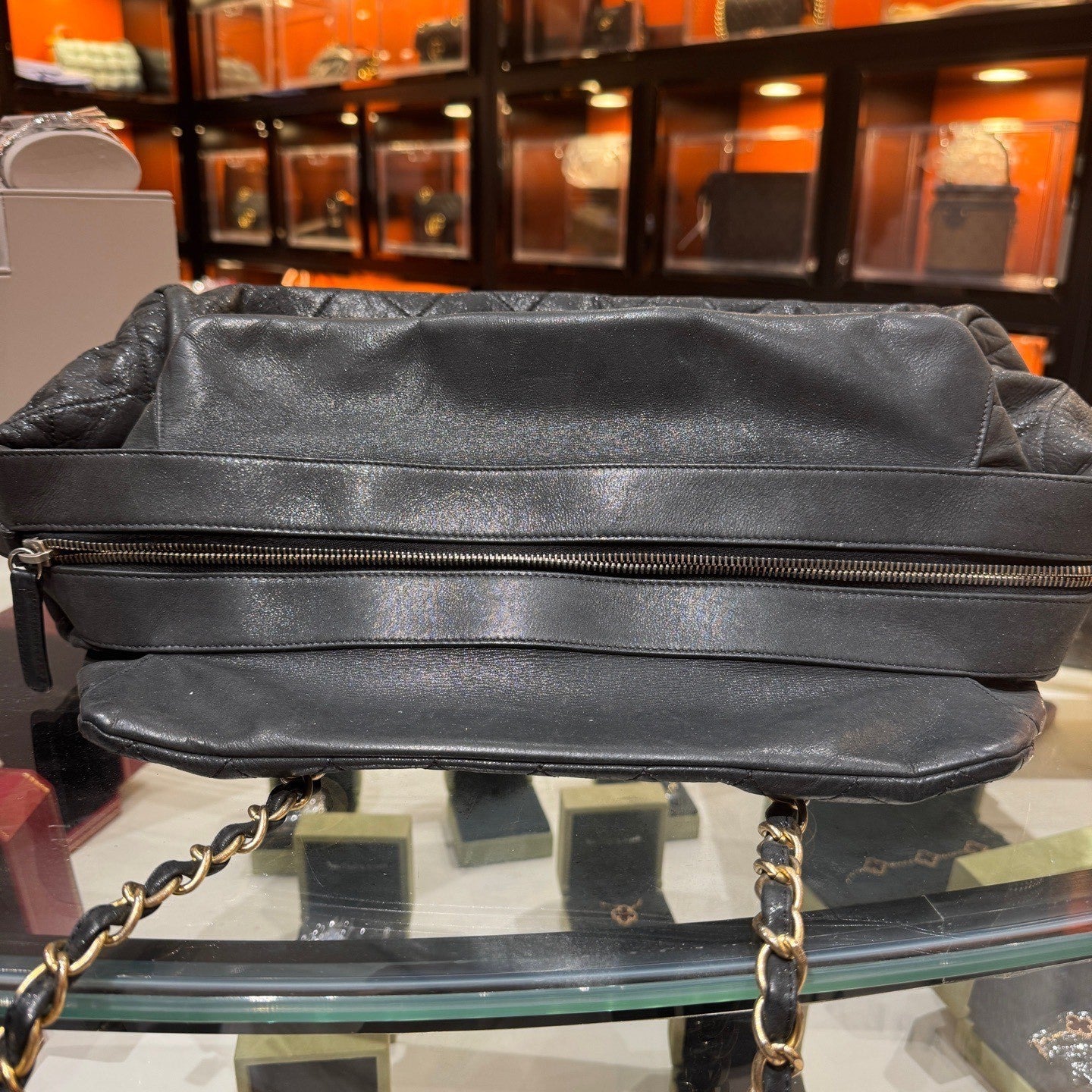 CHANEL Bowling Vintage Tote Calfskin Chain Shoulder bag Black Gold Women