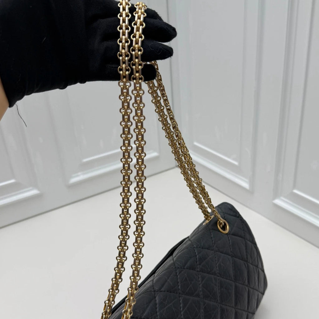 Chanel 2.55 Chain Shoulder Bag Crossbody Black Gold Diamond Women Classic