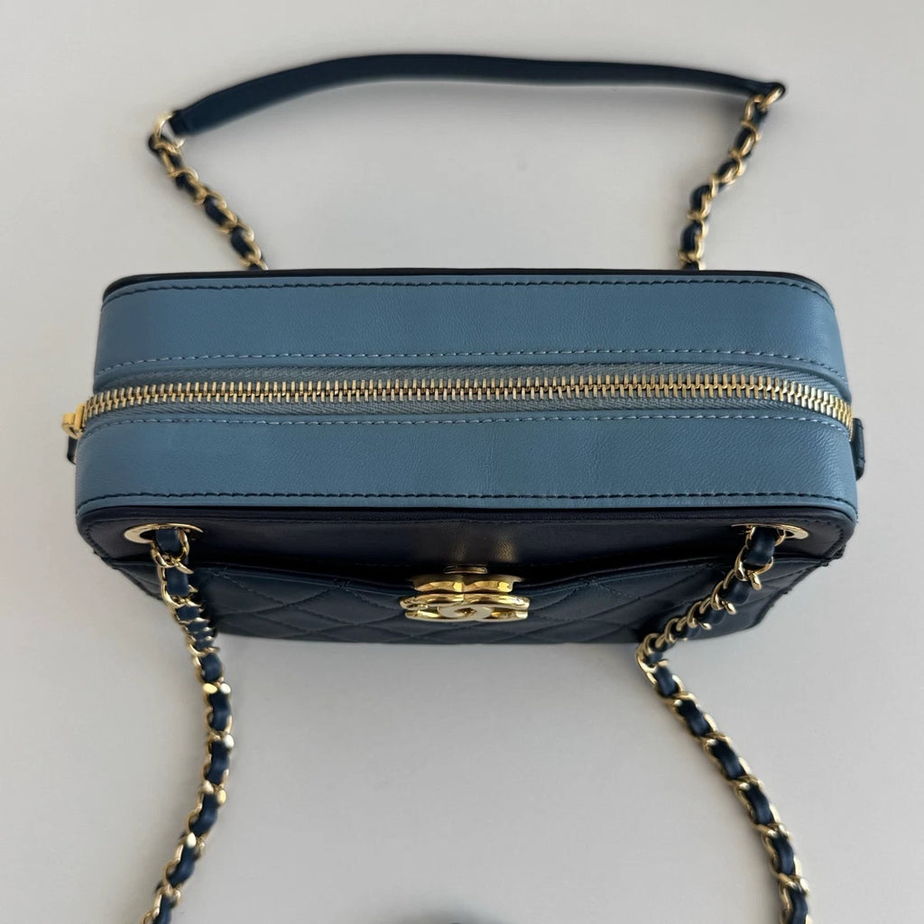 Chanel Diamond Camera Bag Double Chain Blue Shoulder Bag Gold Hardware