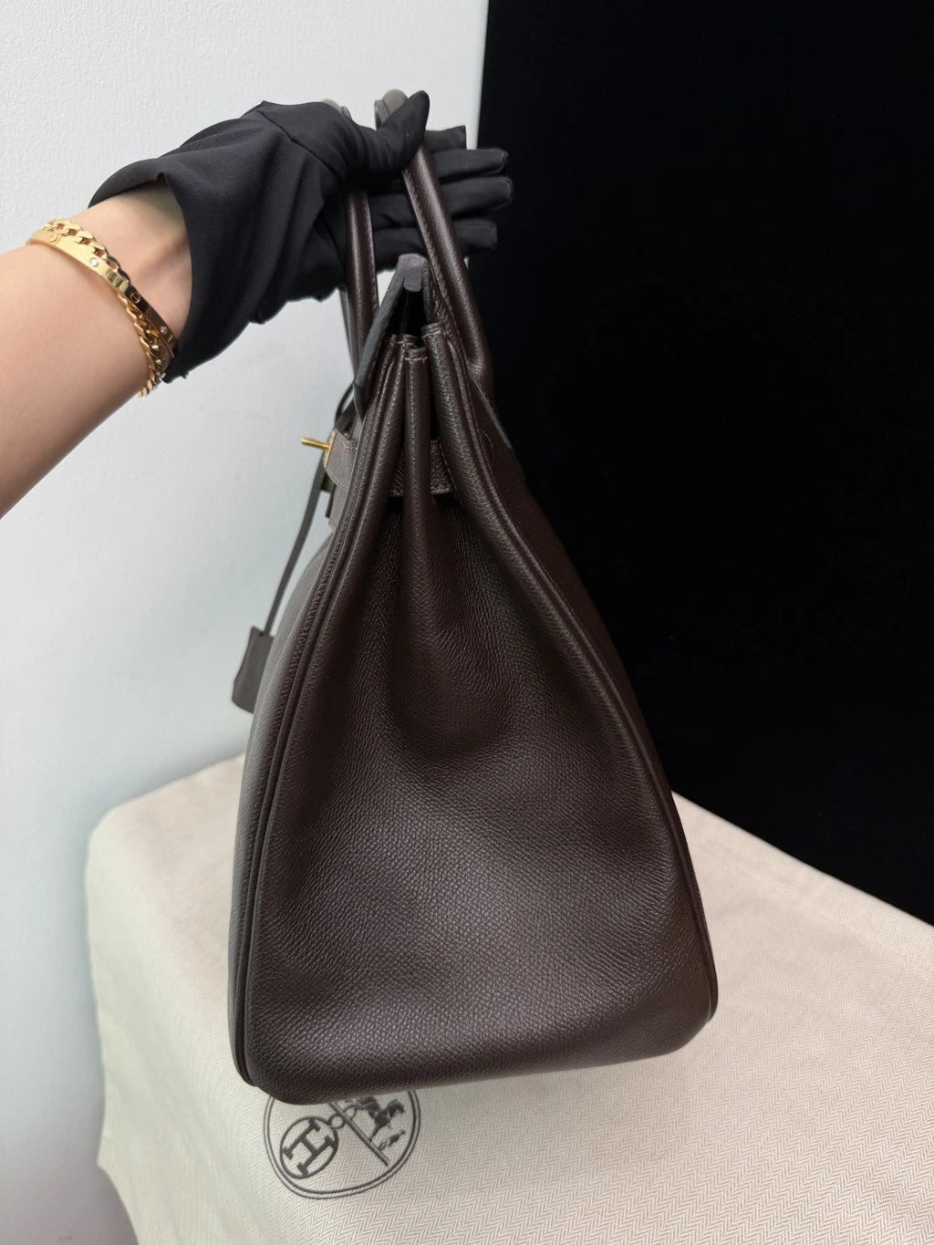 Authentic Hermes Hac 32 Ebene Epsom Leather Tote Top Handle Bag Gold Hardware