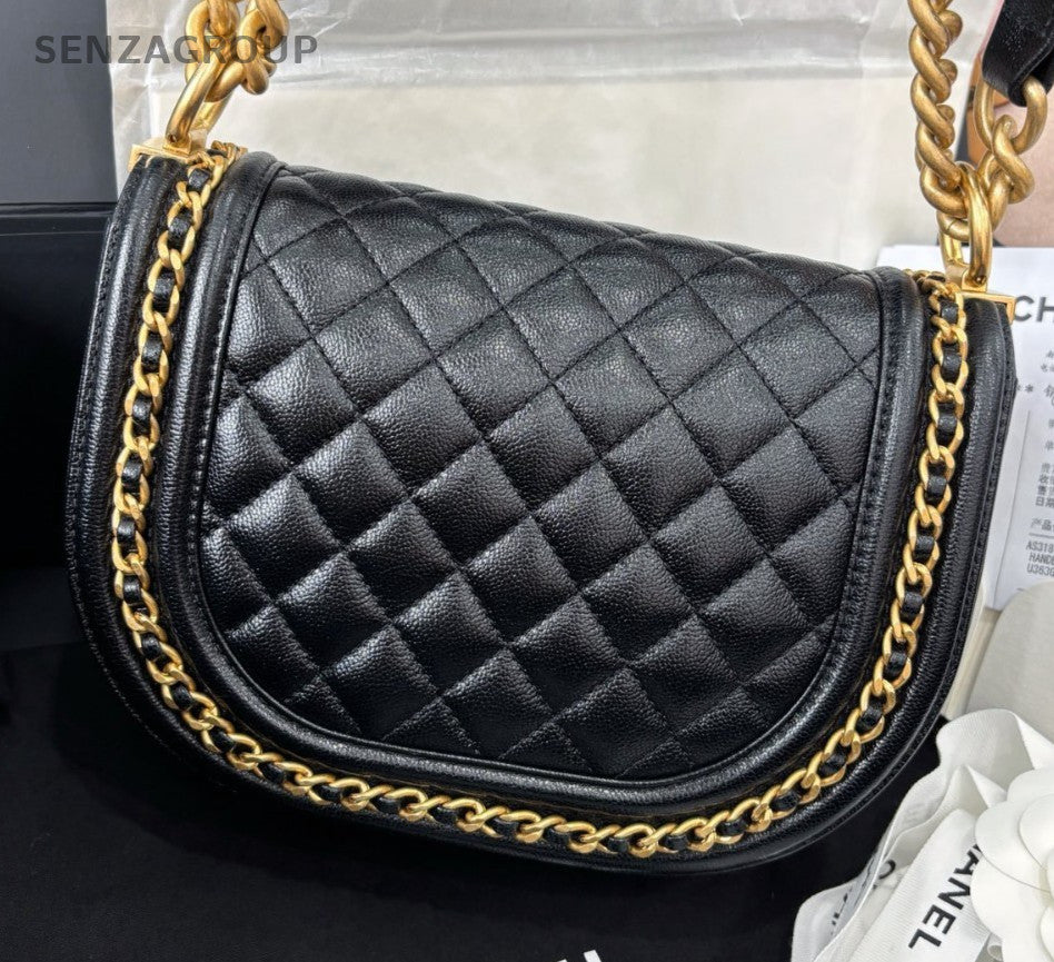 Chanel Leboy Calfskin Chain Shoulder Bag Black Gold Diamond Women Classic