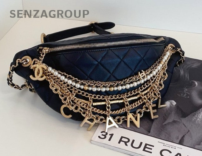Chanel 19A Diamond Chain Bum Shoulder Bag Black Gold Used Women Classic Designer
