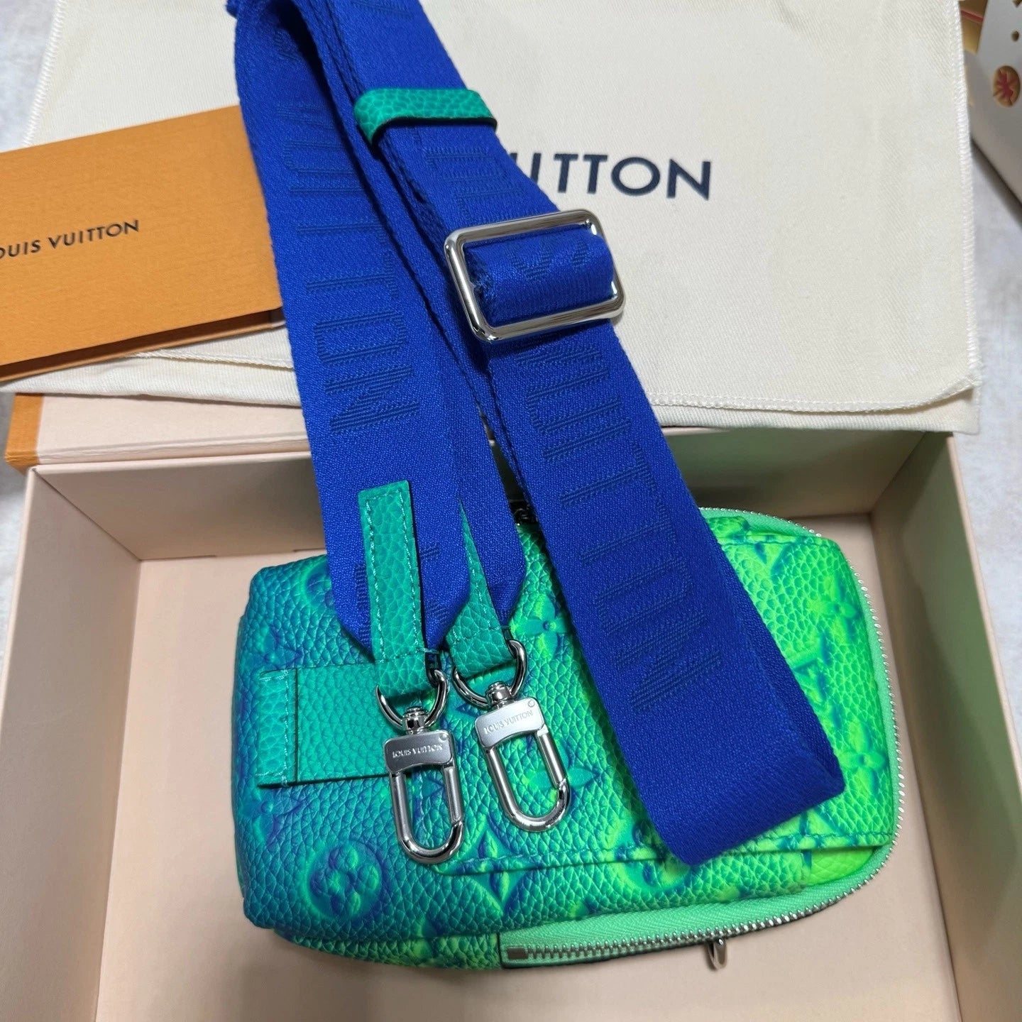 Louis Vuitton Taurillon Illusion Double Phone Flap Pouch Green Crossbody