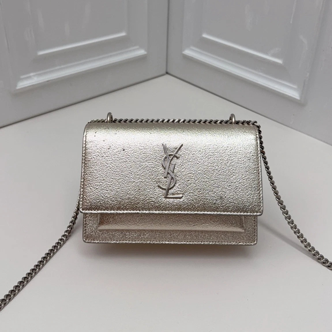 Saint Laurent Kate Chain Shoulder Crossbody Bag Silver Women Fashion