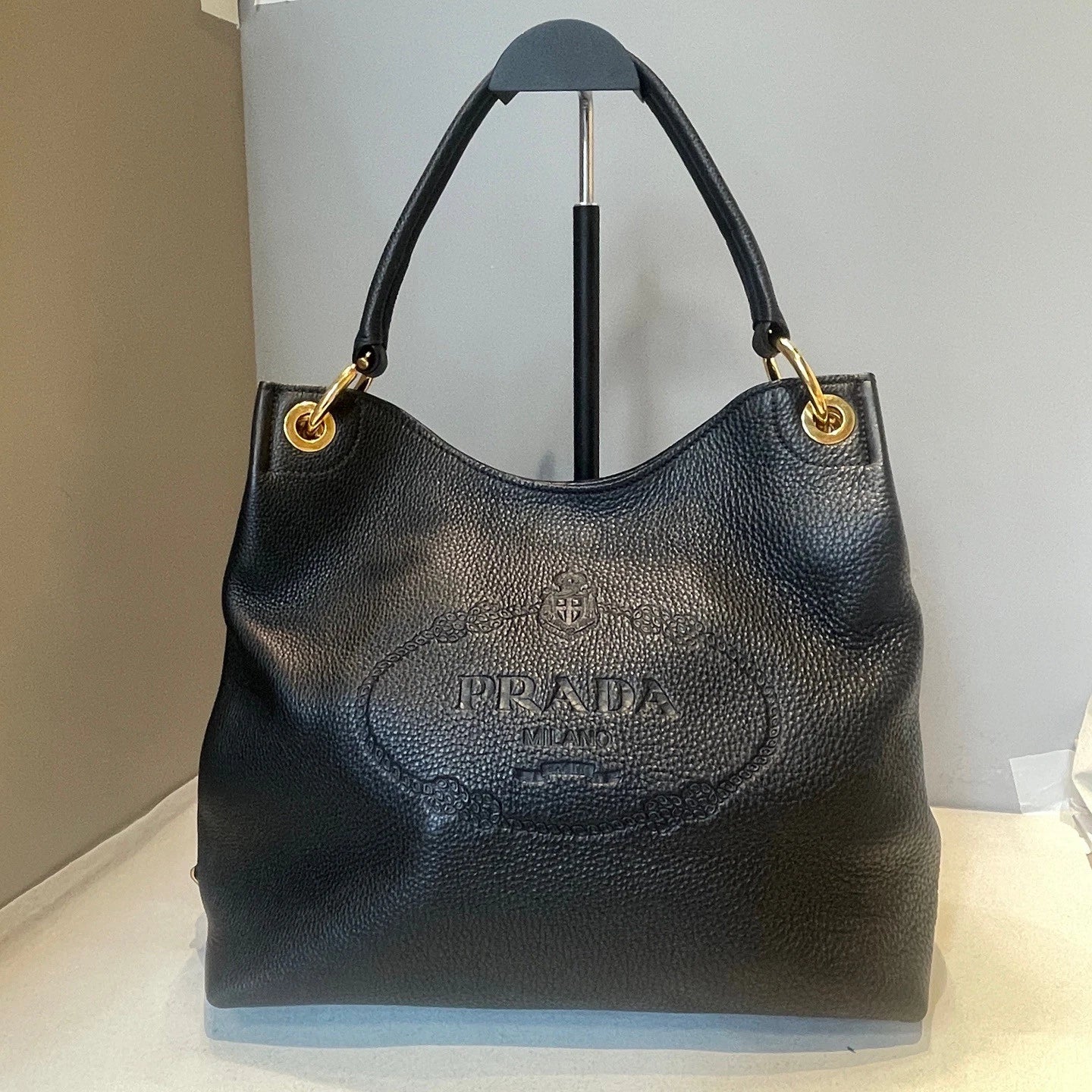 Prada Hobo Tote 2Way Top Handle Shoulder Bag Black Gold Used Women Classic