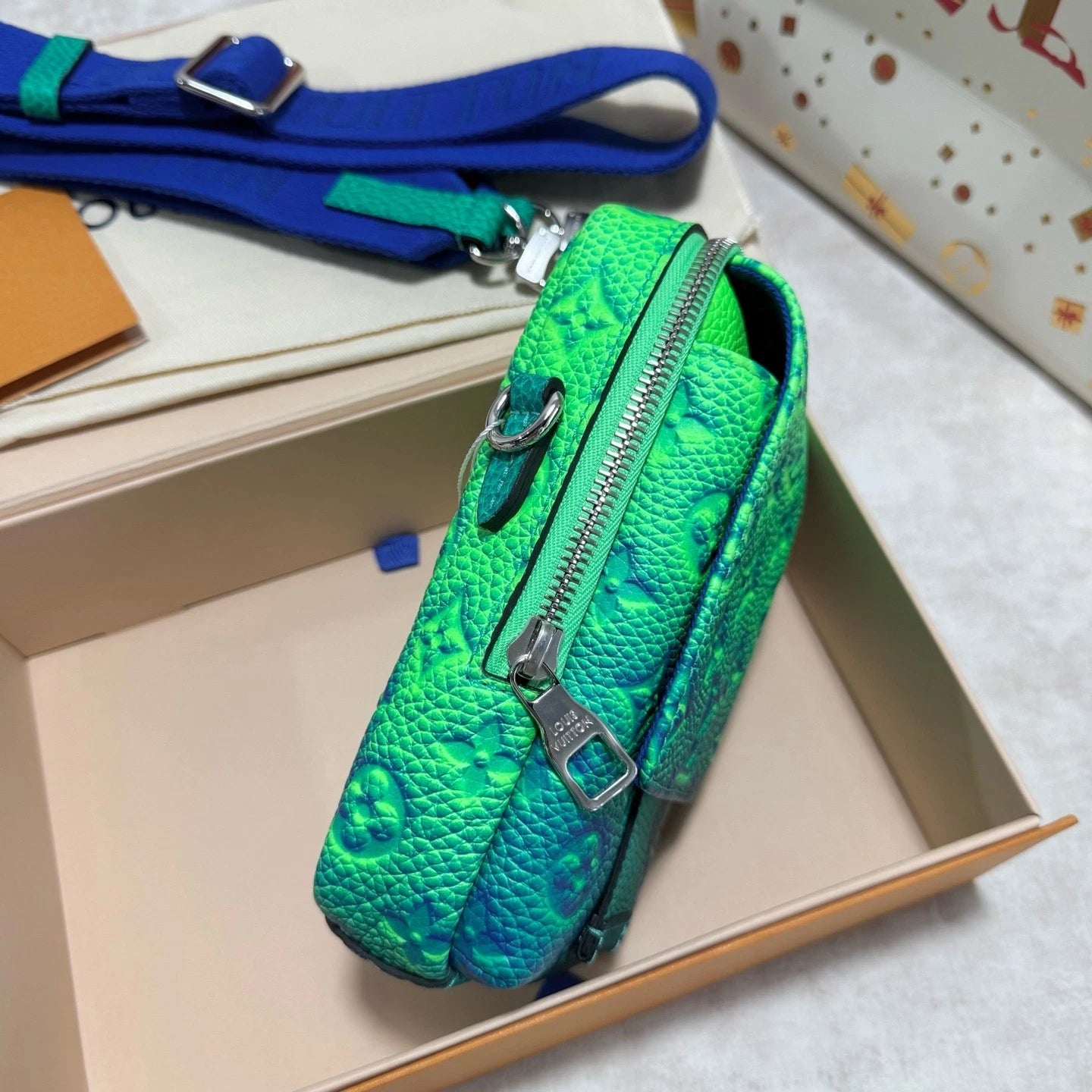 Louis Vuitton Taurillon Illusion Double Phone Flap Pouch Green Crossbody