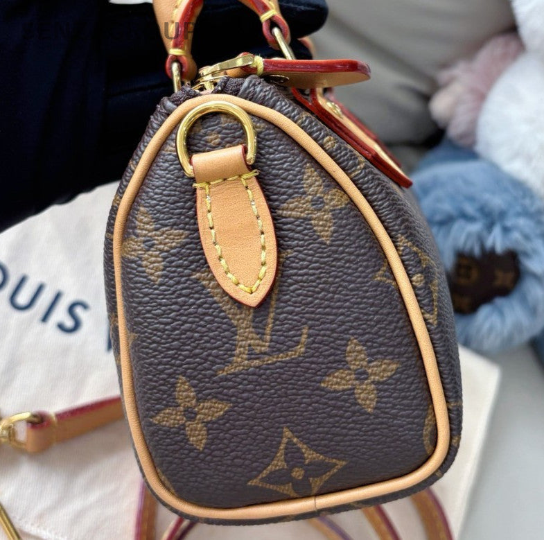 Louis Vuitton Nano Speedy Monogram Top Handle Bag Crossbody Brown Gold Women
