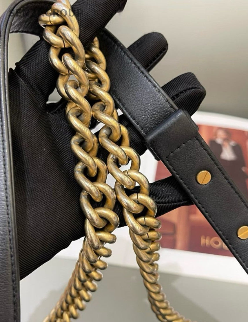 Chanel Leboy PM Calfskin Chain Shoulder Bag Crossbody Black Gold Women Classic